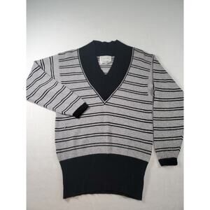 Sportwhirl 100% 2 Ply Cashmere Pullover V Neck Sweater Black & Gray Strips MED
